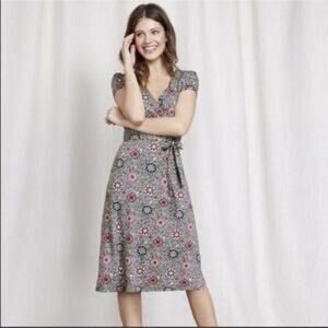 Boden Gray Pink Floral Wrap Dress Women’s Midi US4 UK8 Viscose Jersey Knit